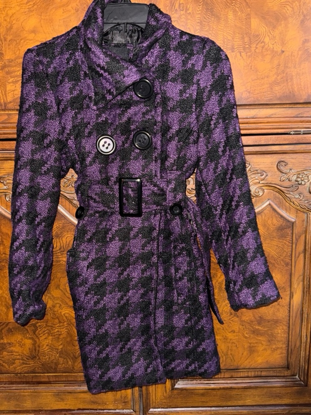 Girls Yoki Purple and Black Houndstooth Long Sleeve Belted Coat Dress
